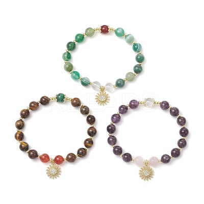 3Pcs Natural Striped Agate &  Amethyst & Tiger Eye & Rose Quartz & Quartz Crystal Round Beaded Bracelets for Women BJEW-JB11934-1