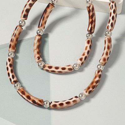 Plastic & Resin Leopard Skin Print Curved Tube Double Layer Necklaces for Women NJEW-Q038-01A-1