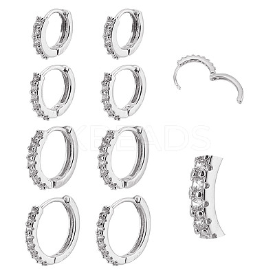 8Pcs 4 Styles Brass Clear Cubic Zirconia Hoop Earrings EJEW-DR0001-02S-1