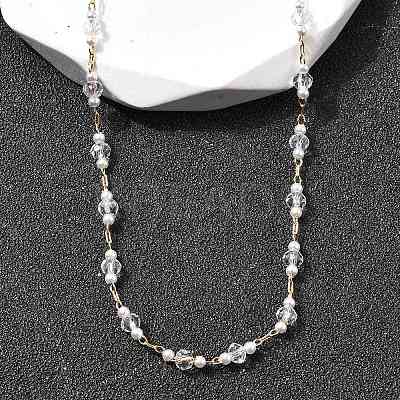 Handmade Brass & Faceted Rondelle Glass & Imitation Pearl Link Chain Necklaces for Women NJEW-F353-01G-1