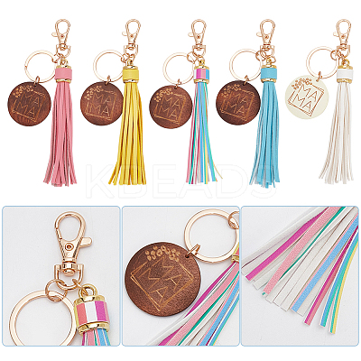 5Pcs 5 Colors Mother's Day PU Leather Tassel Big Pendant Decorations with Wooden Mama Charm HJEW-WR0001-02-1