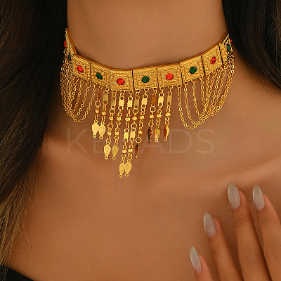 Ramadan & Eid Mubarak Brass Middle Eastern Square Tassel Choker Necklaces for Women's Party Accessories QC1236-1