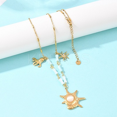 304 Stainless Steel Crystal Rhinestone and Cat Eye Conch Shape Octopus Pendant Dyed Natural Shell Bamboo Stick Link Chain Necklaces NJEW-K252-11G-1