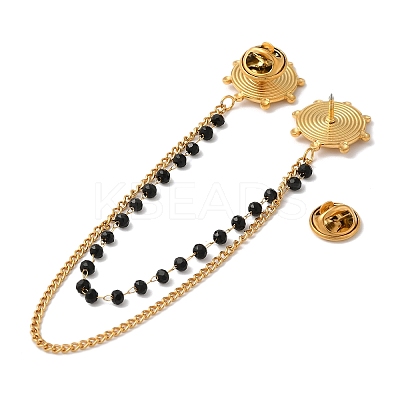 304 Stainless Steel Pave Clear Cubic Zirconia & Dyed Black Stone Vortex Hanging Chain Brooch JEWB-S021-08G-1