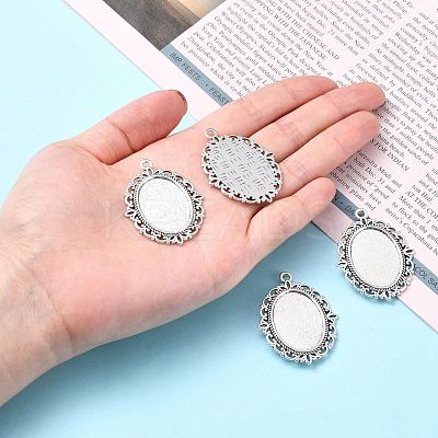 Tibetan Style Antique Silver Alloy Flat Oval Pendant Cabochon Settings TIBEP-M022-20AS-1