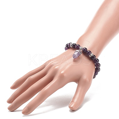Natural Amethyst Round Beaded Stretch Bracelet with Bullet Charms BJEW-JB09018-04-1
