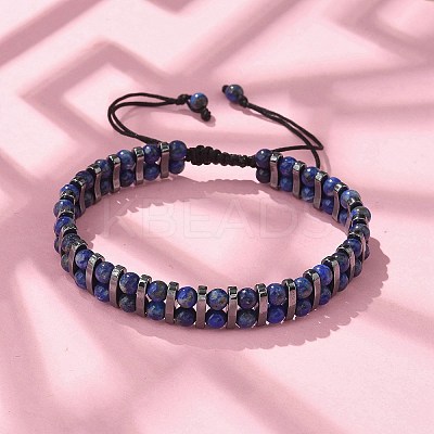 Natural Lapis Lazuli and Synthetic Hematite Adjustable Braided Bead Bracelets BJEW-H626-01-07-1