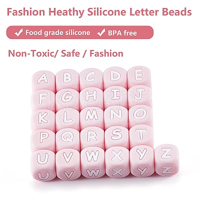 20Pcs Pink Cube Letter Silicone Beads 12x12x12mm Square Dice Alphabet Beads with 2mm Hole Spacer Loose Letter Beads for Bracelet Necklace Jewelry Making JX435U-1
