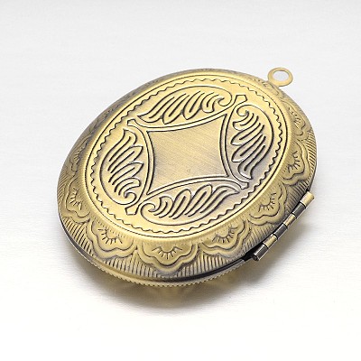 Carved Oval Rack Plating Brass Locket Pendant Cabochon Settings KK-N0096-13AB-FF-1