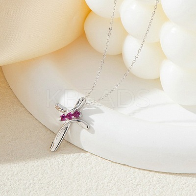 925 Sterling Silver Deep Pink Cubic Zirconia Cross Pendant Necklaces for Women FS-WGC3BD8-01-1