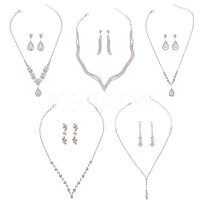 5 Sets 5 Styles Crystal Rhinestone Teardrop Dangle Stud Earrings & Pendant Lariat Necklace SJEW-AN0001-42-1