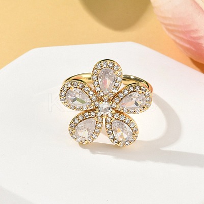 Flower Brass Micro Pave Cubic Zirconia Cuff Rings for Women RJEW-A069-14G-03-1