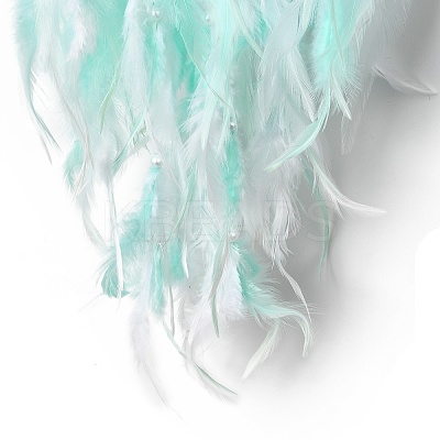 Natural Amazonite Chips Beaded Tree of Life Moon with Feather Pendant Decorations HJEW-M004-10-1