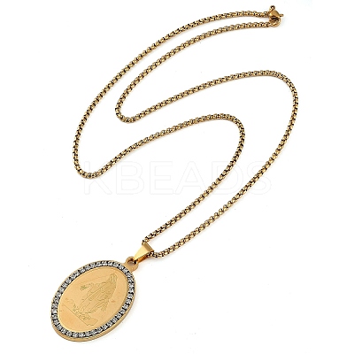 201 Stainless Steel Crystal Rhinestone Religion Virgin Mary Oval Pendant Box Chain Necklaces LS-NJEW-D089-04G-1