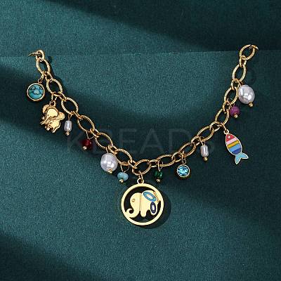 304 Stainless Steel Colorful Enamel Elephant and Fish Pendant Necklaces for Women NJEW-F346-04G-1