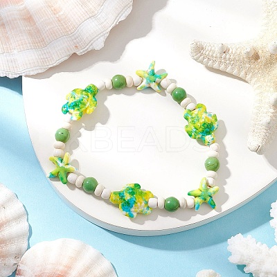 Starfish & Turtle Synthetic Turquoise Dyed Beads Stretch Bracelets for Women BJEW-JB11920-02-1