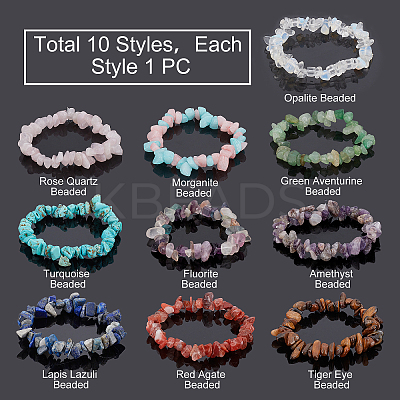10Pcs 10 Style Unisex Natural & Synthetic Chip Gemstone Beaded Stretch Bracelets BJEW-GA0001-02-1