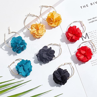4 Pairs 4 Colors 3D Flower Cloth Hoop Earrings EJEW-AN0003-69-1