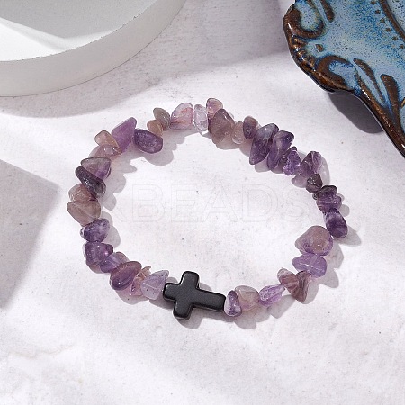 Natural Amethyst Chips Stretch Bracelets for Women Men BJEW-JB11341-08-1
