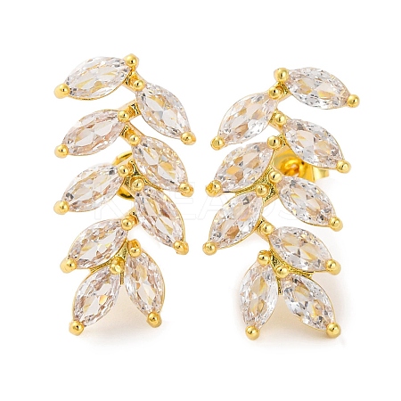 Leaf Brass Micro Pave Clear Cubic Zirconia Dangle Stud Earrings EJEW-F348-01G-1
