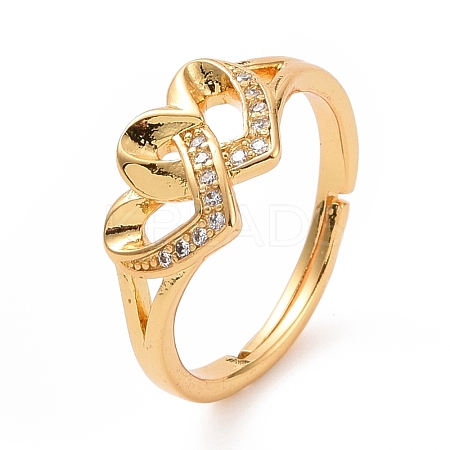 Clear Cubic Zirconia Interlocking Double Heart Adjustable Ring RJEW-C029-06G-1