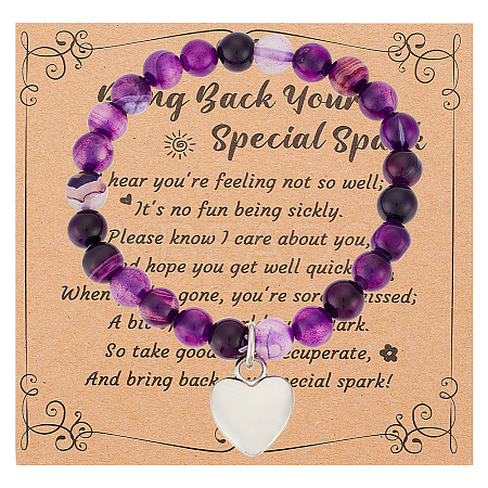 Natural Striped Agate Round Beaded Stretch Bracelet with Alloy Heart Charm BJEW-OC0001-09C-1