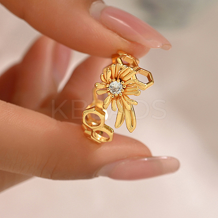 Elegant Hollow Hexagon Flower Brass Micro Pave Clear Cubic Zirconia Open Cuff Ring for Women's Daily Wear QX1564-1