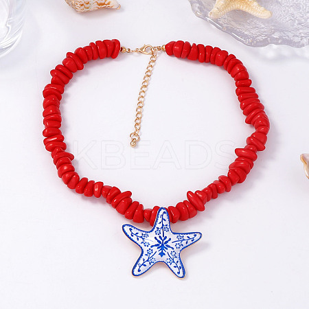 Ocean Polymer Clay Starfish Pendant Red Resin Beaded Necklaces with Alloy End Chains FS-WGFD479-01-1