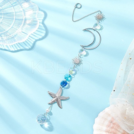 Stainless Steel Starfish & Brass Moon Hanging Suncatchers HJEW-JM04623-1