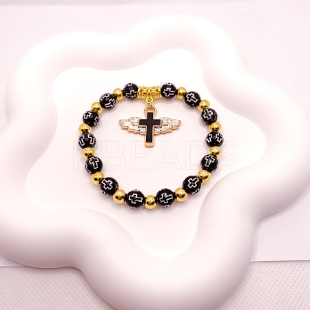 Acrylic Round with Cross Beaded Stretch Bracelets with Cross Charms PW-WG40295-08-1