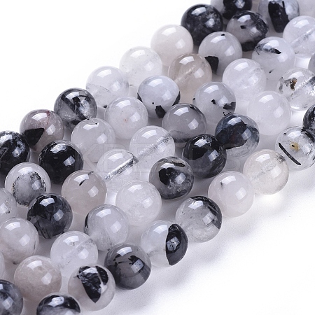 Natural Tourmalinated Quartz/Black Rutilated Quartz Beads Strands X-G-E558-04-8mm-1