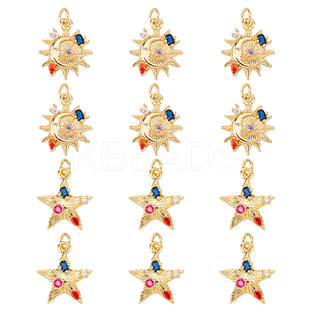12Pcs 2 Style Brass Micro Pave Colorful Cubic Zirconia Pendants KK-DC0001-75-1