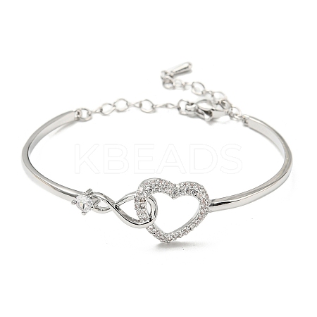 Infinity Heart Brass with Clear Cubic Zirconia Cuff Bangle with Safety Chains LS-BJEW-L683-02P-1