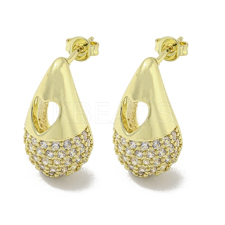 Teardrop with Heart Rack Plating Brass Stud Earrings with Cubic Zirconia EJEW-Z035-06G-1