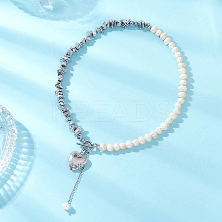 Synthetic Non-magnetic Hematite Chip with Potato Natural Pearl Beaded Necklaces NJEW-JN05894-01-1