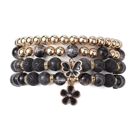 4Pcs 4 Style Natural Larvikite & Lava Rock & Synthetic Hematite Round Beaded Stretch Bracelets Set BJEW-JB09828-1