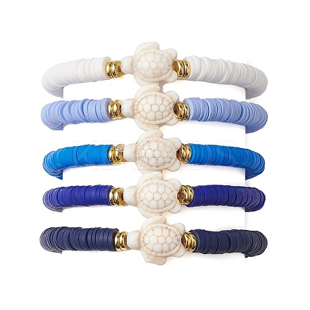 5Pcs 5 Colors Handmade Polymer Clay Disc Beaded Stretch Bracelets BJEW-JB10259-01-1
