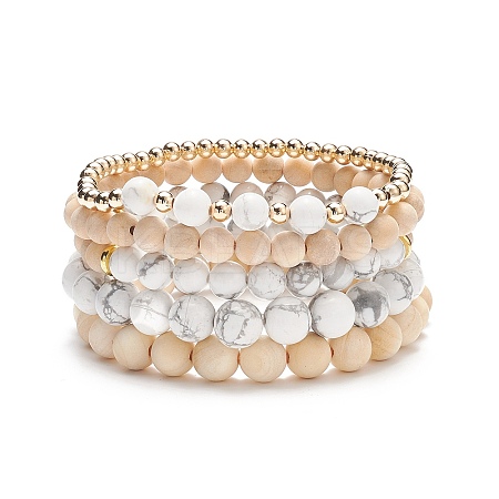 5Pcs 5 Style Natural Wood & Howlite Round Beaded Bracelets Set BJEW-JB08820-1
