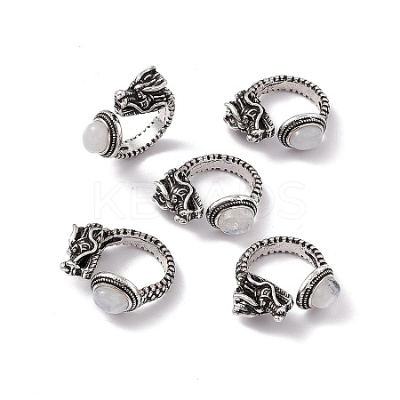 Dragon Head Natural Rainbow Moonstone Cuff Rings RJEW-G273-03AS-08-1