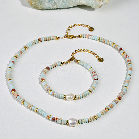 Natural Shoushan Stone & Freshwater Pearl & Brass Rondelle Beaded Necklaces & Beaded Bracelets Sets WG98AF4-01-1
