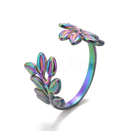 Ion Plating(IP) Rainbow Color 304 Stainless Steel Leaf Open Cuff Ring for Women RJEW-C025-09M-1
