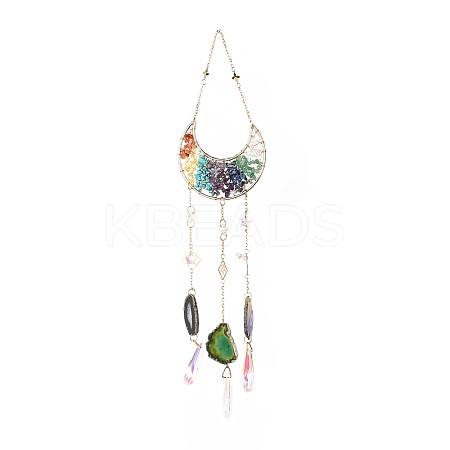 Gemstone Chips Beaded Moon Hanging Sun Catchers HJEW-M004-03-1