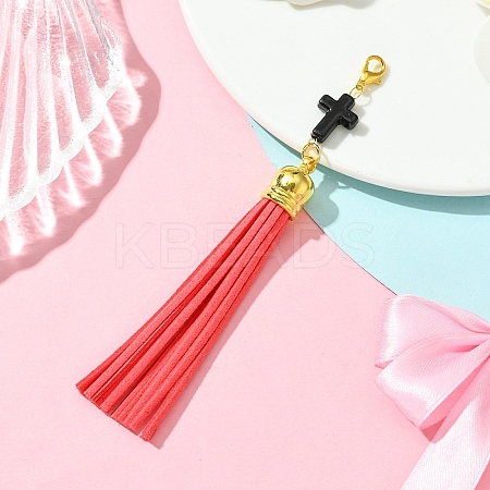 Cross Acrylic & Faux Suede Tassel Pendant Decorations HJEW-YW00078-07-1