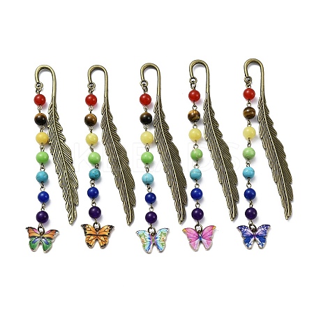 Butterfly Alloy Enamel Pendant Bookmark with Chakra Gemstone Bead AJEW-JK00253-1