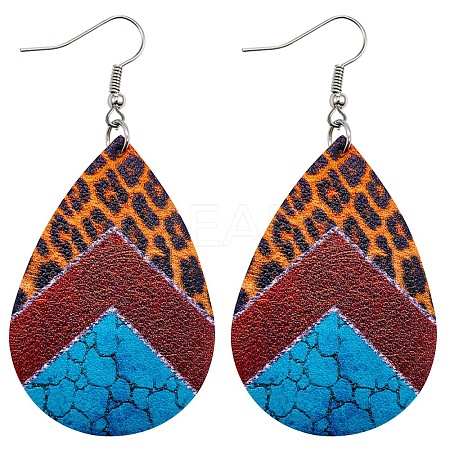 Imitation Leather Teardrop with Leopard Print Dangle Earrings BOHO-PW0001-004A-1