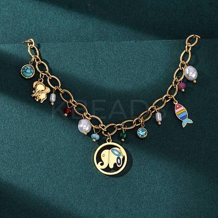 304 Stainless Steel Colorful Enamel Elephant and Fish Pendant Necklaces for Women NJEW-F346-04G-1