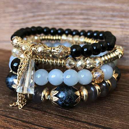 4Pcs 4 Styles Bohemian Style Alloy Glass Round Beaded Stretch Bracelets FS-WG80D8B-03-1