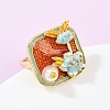 Brass Orange Red Enamel Flower Cuff Rings RJEW-C139-17D-G-3