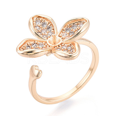 Flower Brass Micro Pave Clear Cubic Zirconia Cuff Ring Settings KK-T076-70G-1
