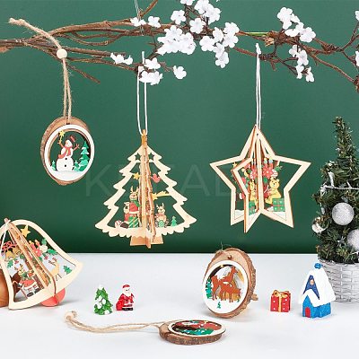 6Pcs 6 Styles Wooden Christmas Ornaments WOOD-GF0001-51-1